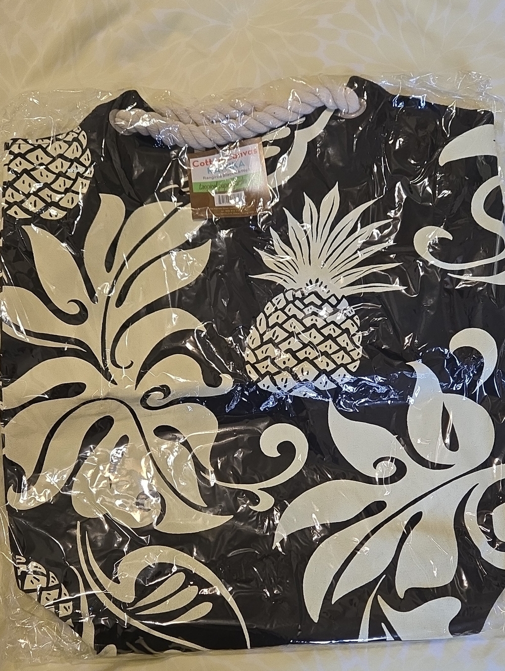 Black Tote Bag with White Pineapple Print